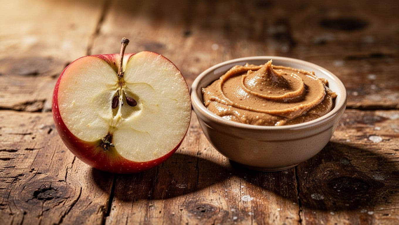 Thin, crisp apple slices sit beside a white ceramic bowl filled with smooth almond butter. The composition rests upon a weathered, rustic wooden surface illuminated by soft, golden side lighting.