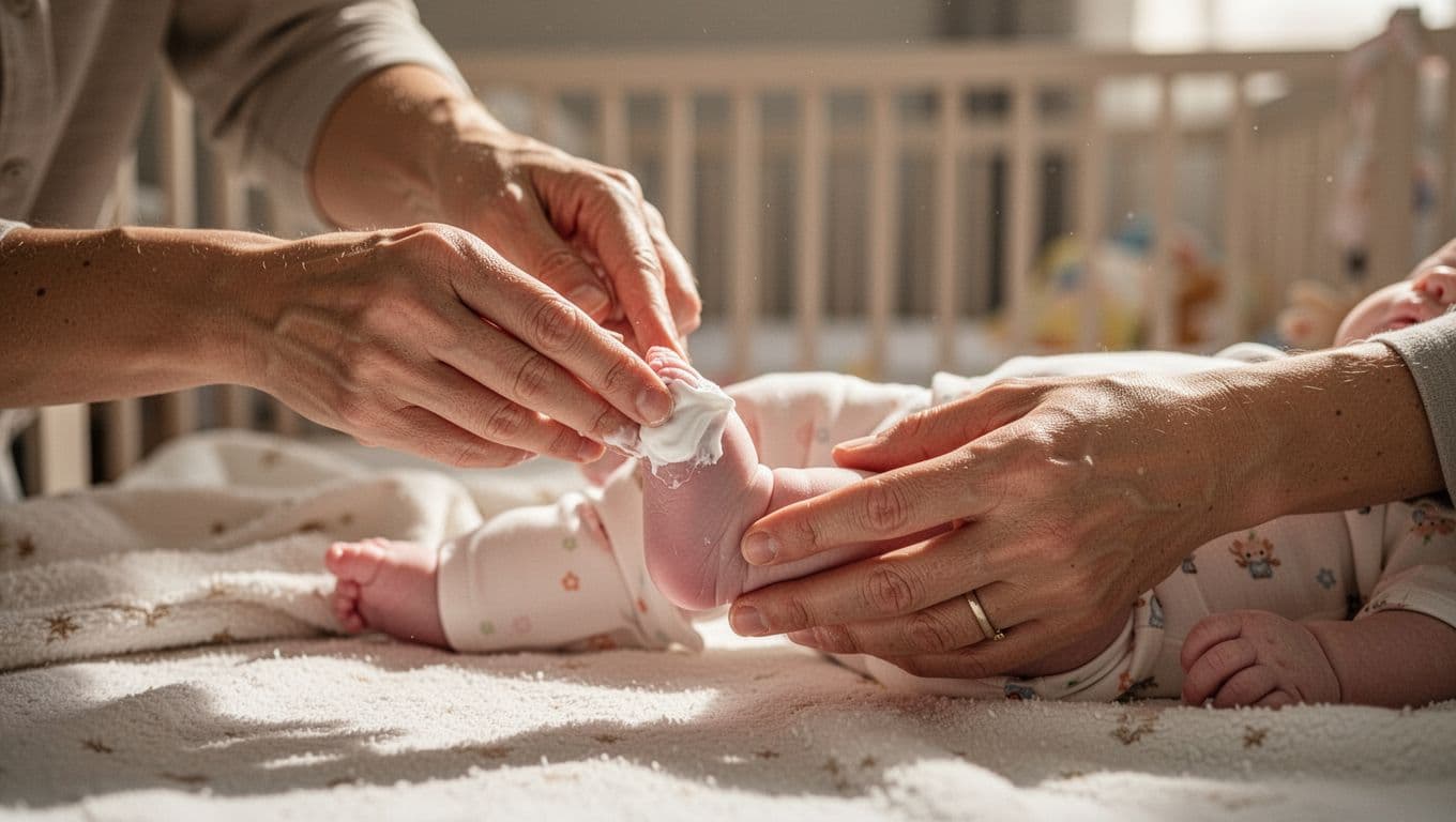 An adult hand carefully massages white fragrance-free cream onto a tiny baby foot. The sunlit nursery creates a warm atmosphere as soft morning light illuminates the infant's delicate, sensitive skin.