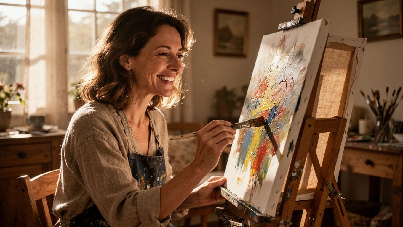 A woman with a bright smile concentrates while applying vibrant colors to a canvas. The warm sunlight streams through nearby windows, illuminating the cozy, creative space filled with artistic tools.