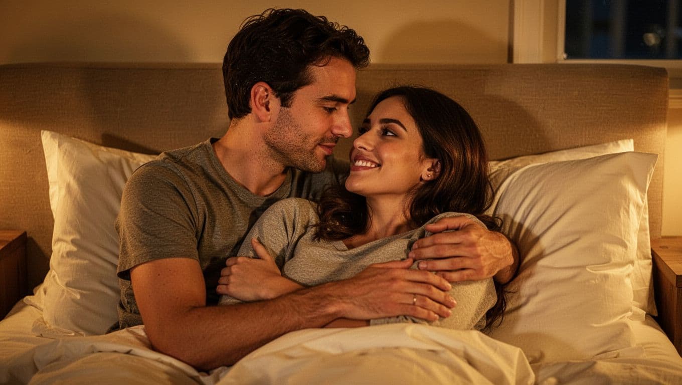 Softly lit cozy bedroom at night with a couple in intimate embrace, man gazing caringly at woman's relaxed responsive face with subtle smile, warm golden lighting, close-up on faces and upper bodies.