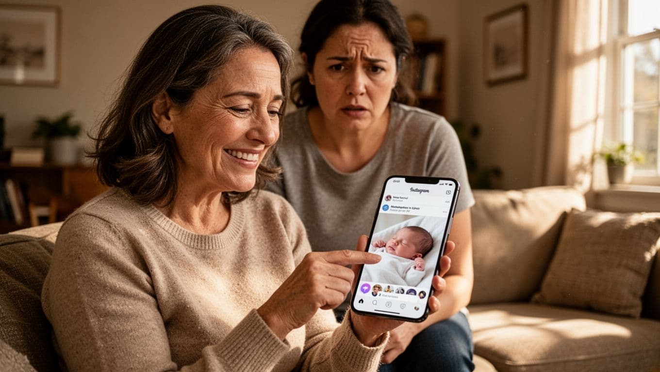 Smiling aunt posts newborn photo on phone in living room as concerned mom watches from background.