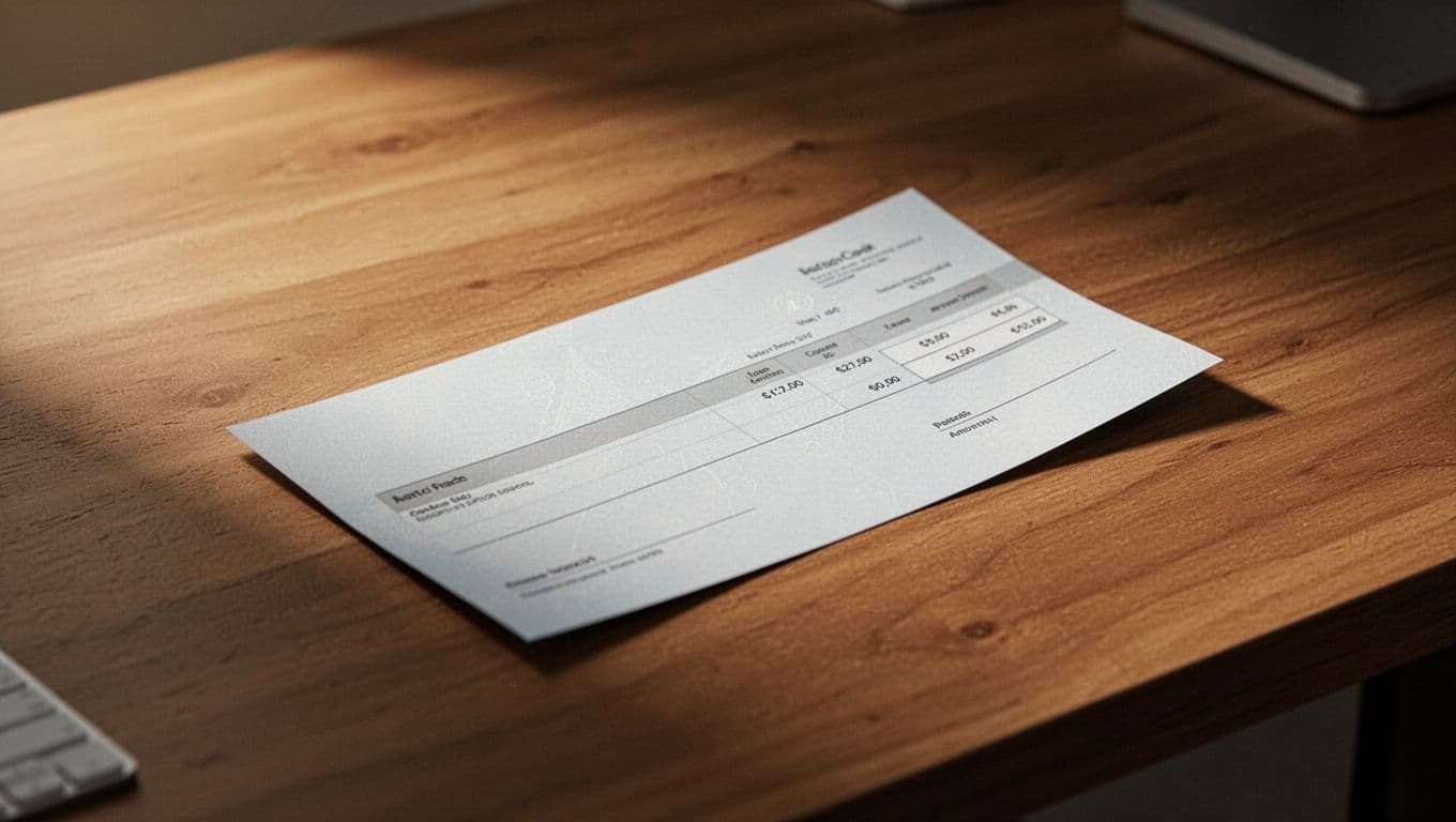 A close-up shot of a modern payroll document on a wooden desk with warm light and strong contrast, showing the idea of automatic retirement saving.