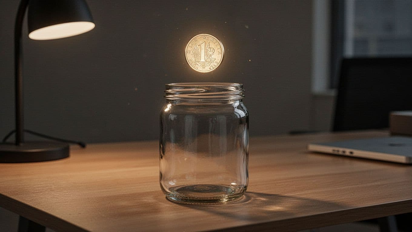 A single golden coin levitates gracefully above a small glass jar on a dark wooden desk. Soft side-lighting illuminates the metallic surface, creating sharp contrasts and long, warm shadows nearby.