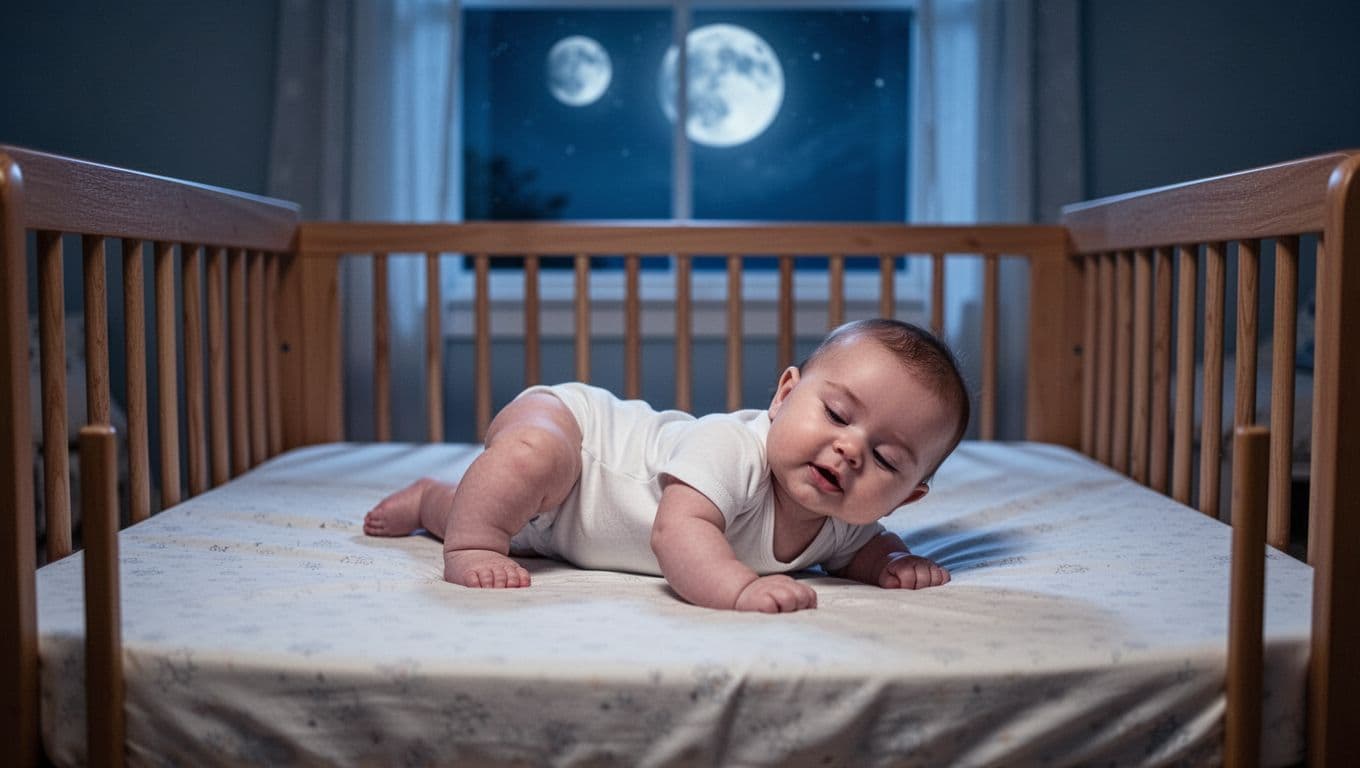 8-month-old baby awake in wooden crib at night practices rolling from back to tummy on soft mattress under moonlit window.