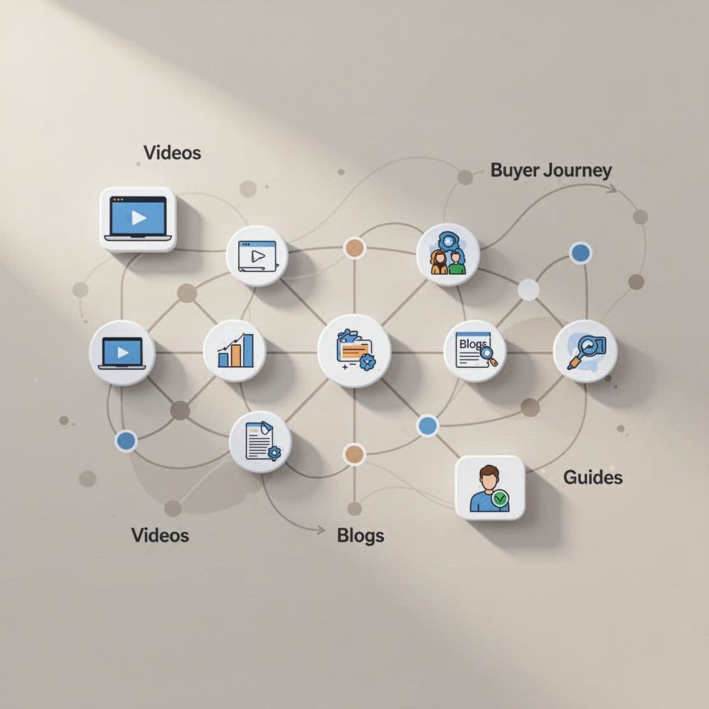 A flat-design illustration shows a complex network of interconnected nodes representing digital marketing touchpoints.