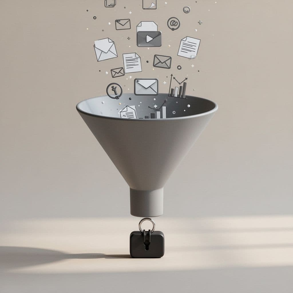 A minimalist funnel graphic illustrates content pieces transitioning through sales stages toward a closed deal.
