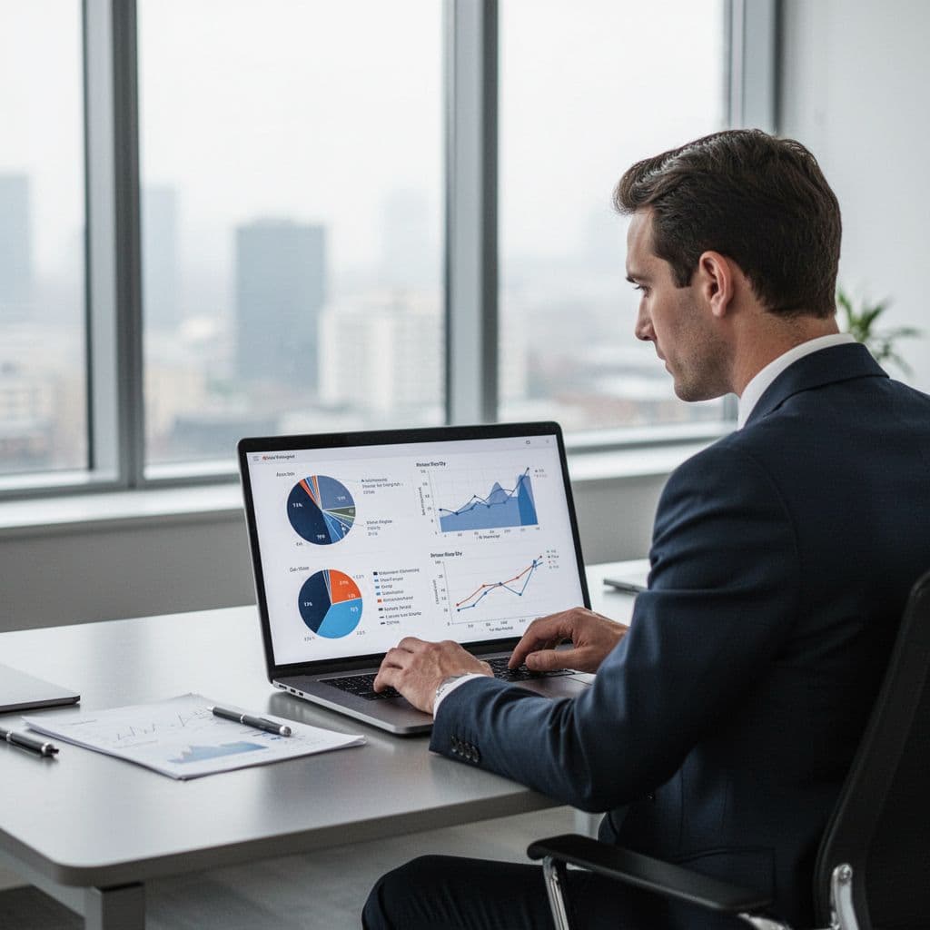 A focused professional reviews visual analytics charts on a computer screen within a modern office setting.