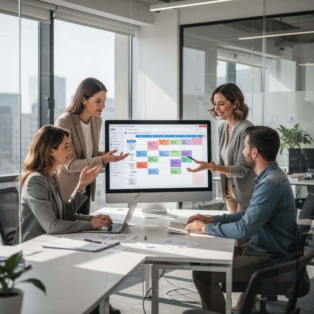 Three professionals collaborate on a digital content strategy while reviewing a monitor in a modern office.