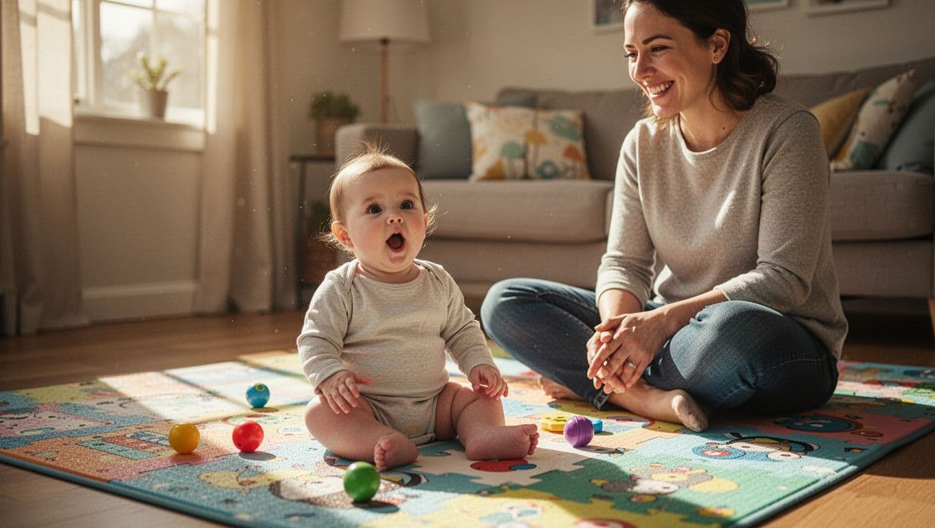 6-month-old baby girl sits on colorful play mat babbling with open mouth as parent listens smiling.