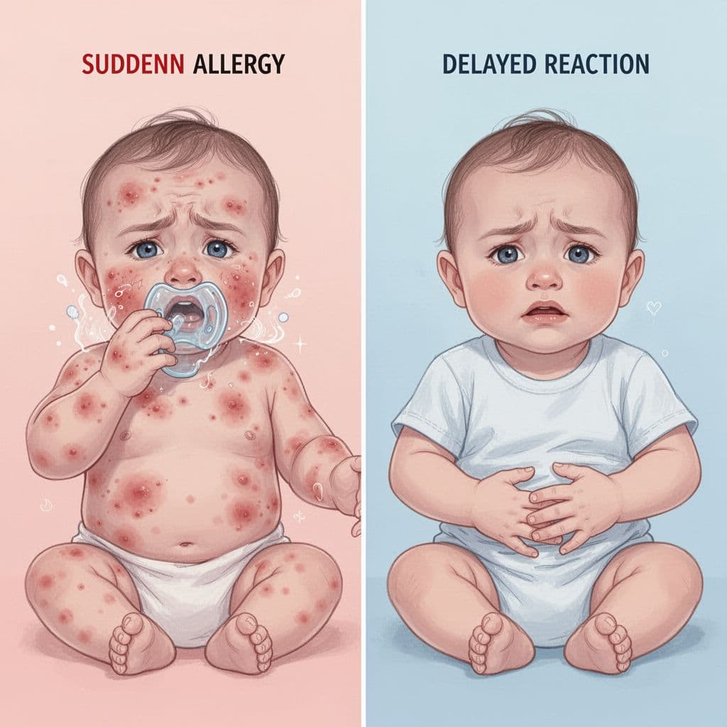 Split-screen illustration: left shows infant with red hives and breathing difficulty in urgent style; right shows unhappy baby with stomach ache in calm style.