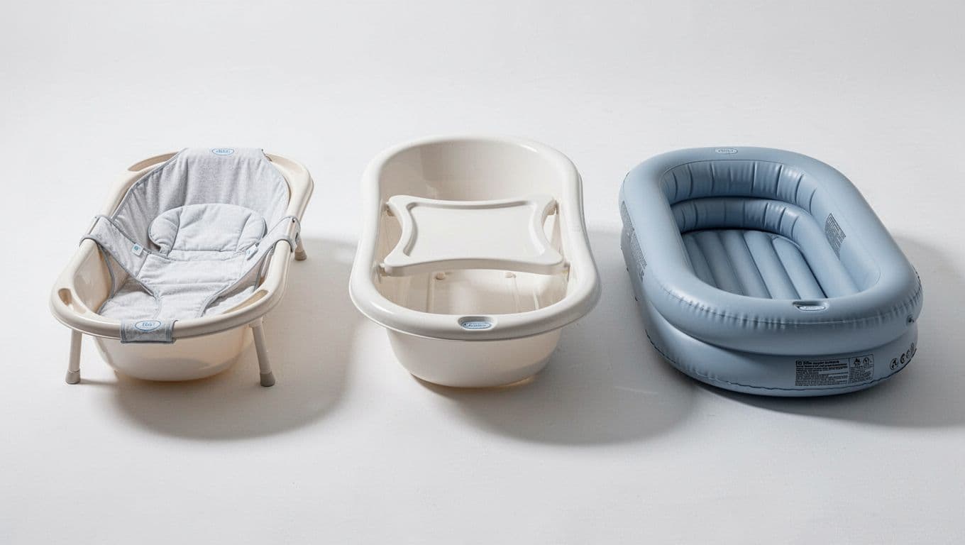 Side-by-side arrangement of newborn sling, multi-stage, and inflatable portable baby bathtubs on white background.