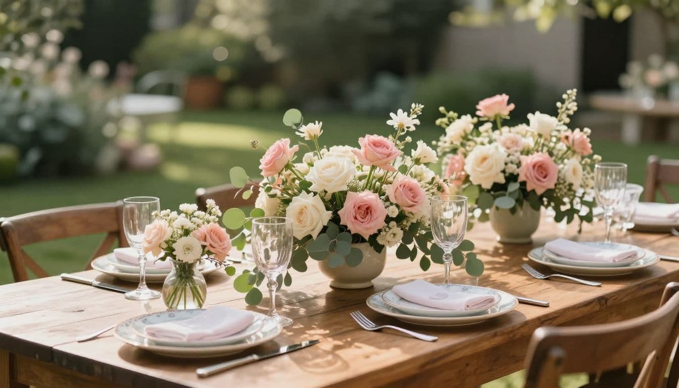 A rustic wooden table holds delicate porcelain plates and clear glassware arranged for a celebration. Fresh flower bouquets in soft pink and cream tones are accented by lush green eucalyptus leaves.