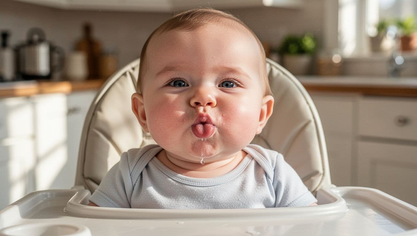 6-month-old baby in high chair blows raspberry with puffed cheeks, tongue out, and saliva bubble.