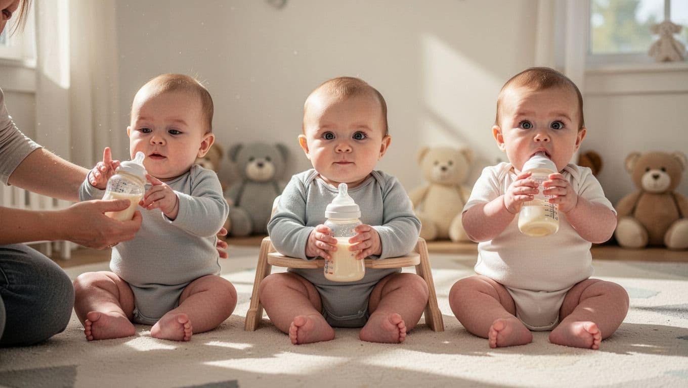 Three infants in a nursery show bottle-holding progression: left reaching with hands, middle grasping assisted, right holding independently.