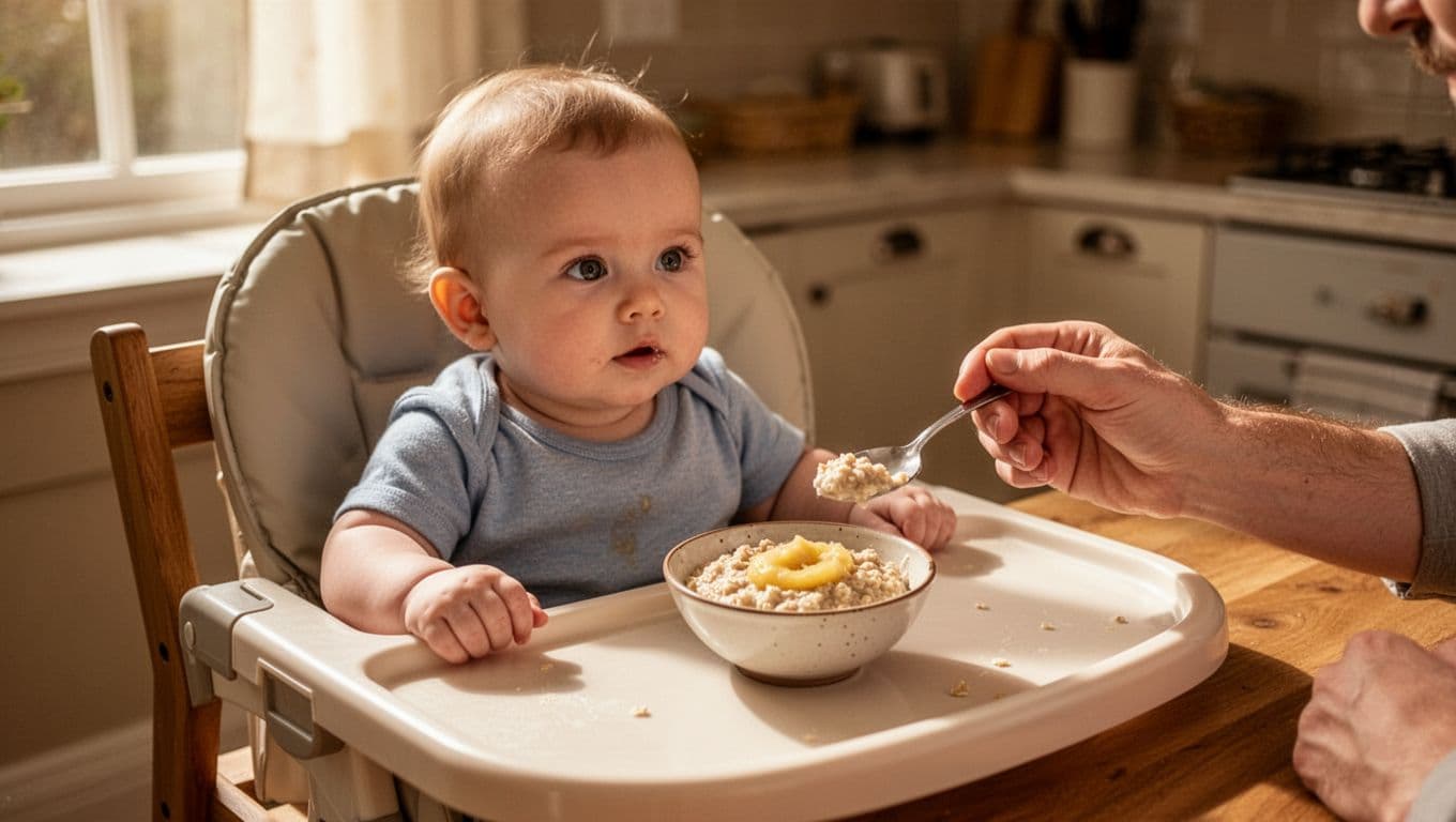 8-month-old baby boy in high chair with small oatmeal and mashed banana on tray, parent hand offering spoon nearby.