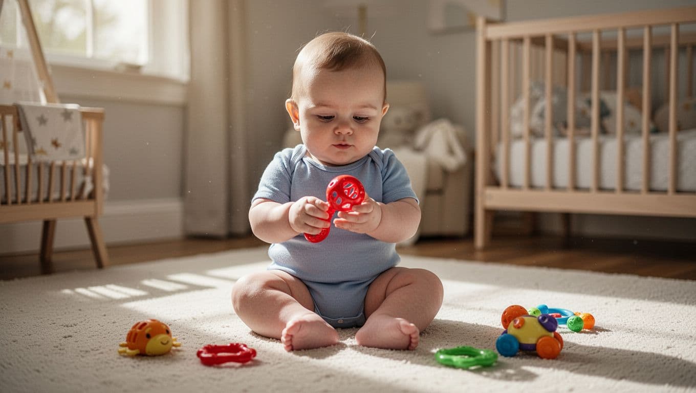 6-month-old baby boy sits on nursery floor passing red rattle between hands with scattered toys nearby.