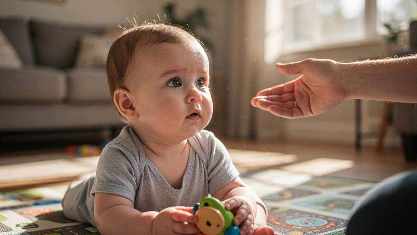 7-month-old baby boy on play mat holds toy loosely, turns attentive face toward parent's blurred gesturing hand in sunny living room.
