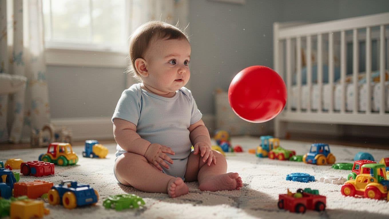 8-month-old baby boy sits on nursery floor amid toys, turning head toward red ball.