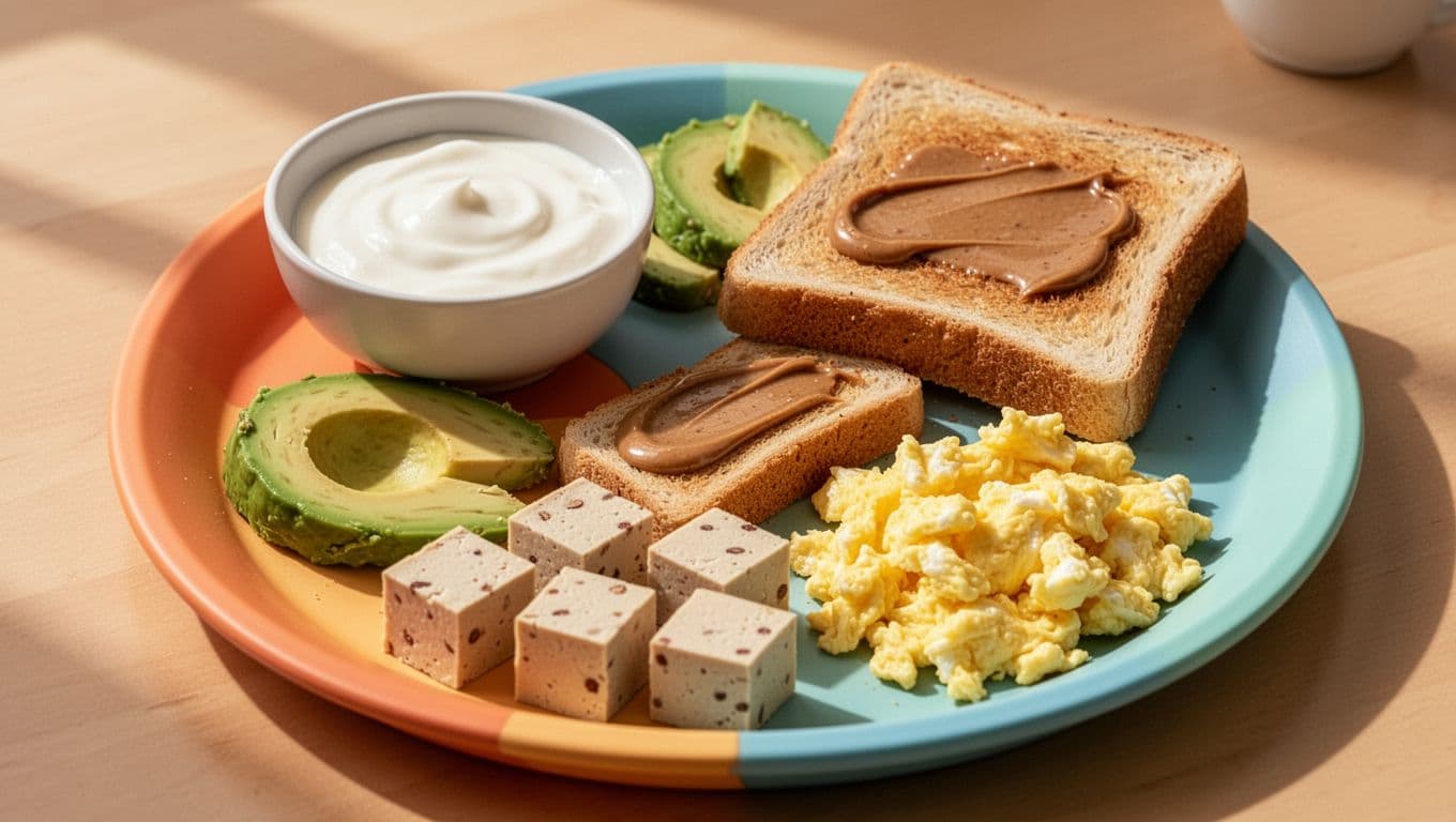 Colorful baby plate holds plain yogurt, avocado slices, almond butter on toast, tofu cubes, and scrambled egg.