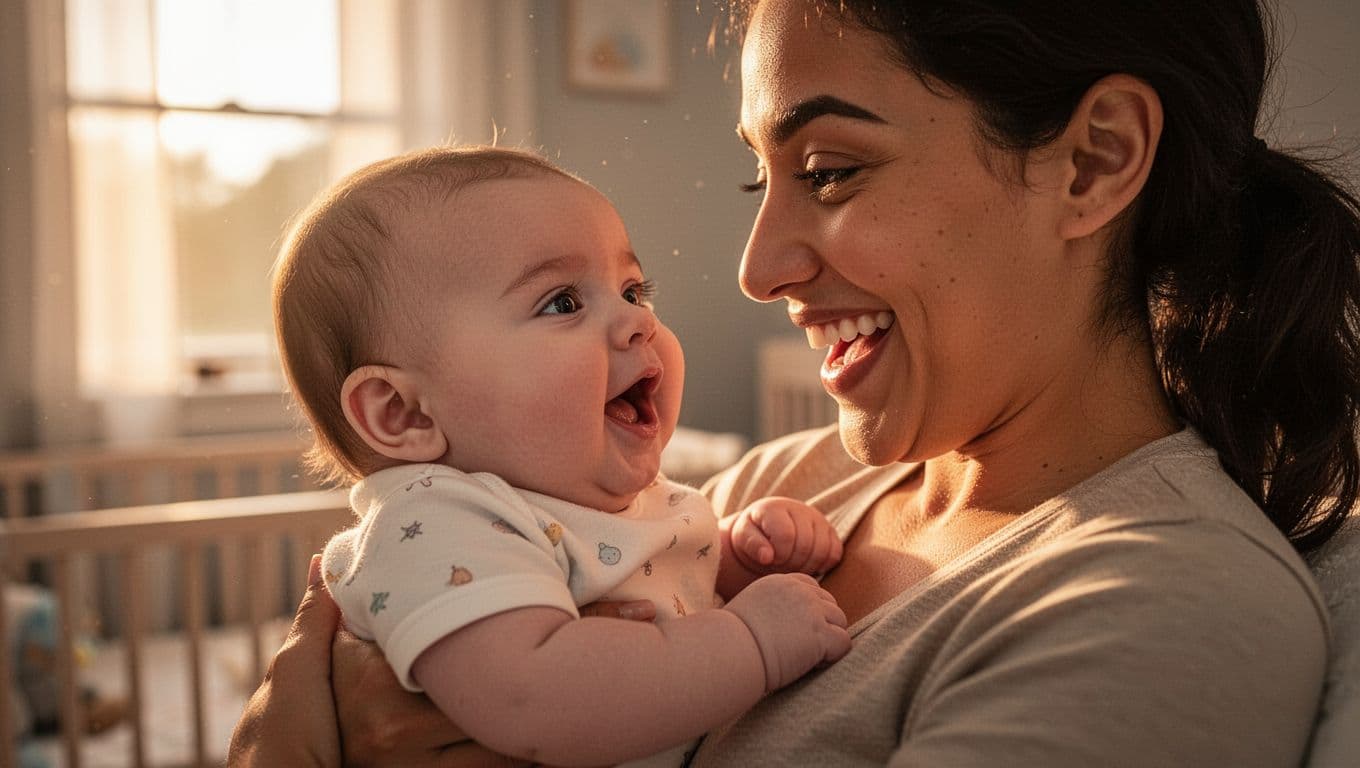 Caregiver holds cooing 3-month-old baby close in sunlit nursery, sharing smiles and eye contact.