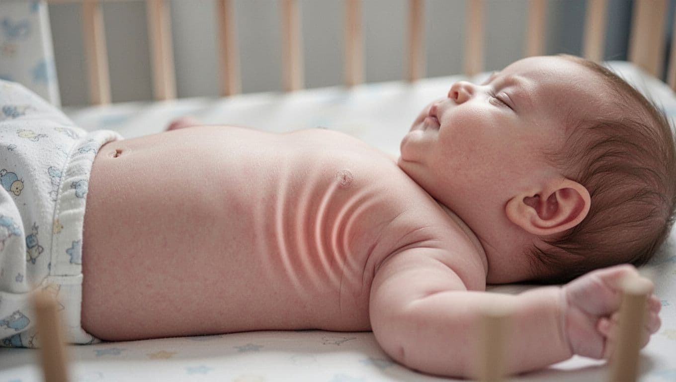 Side view of baby's upper body in crib shows skin pulling in between ribs and under breastbone during breathing.