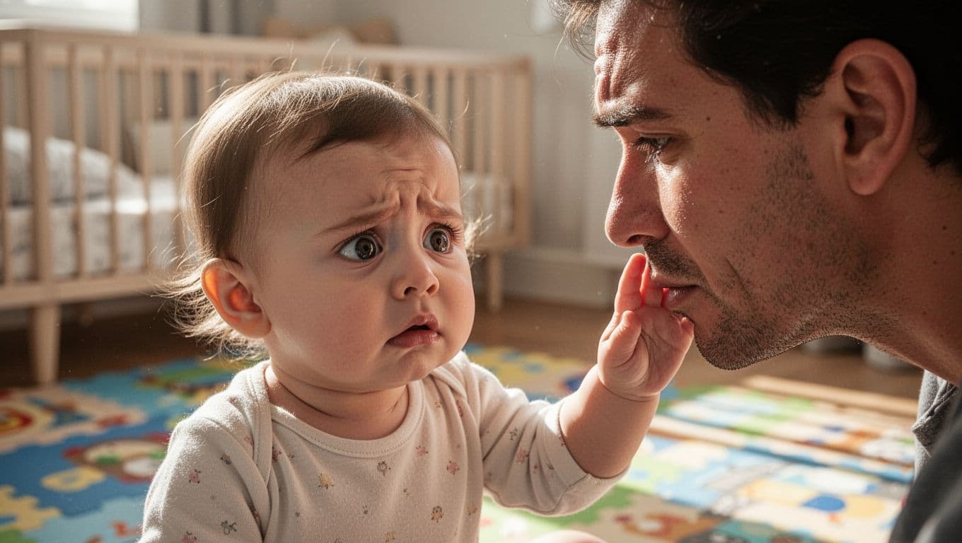 6-month-old baby girl with wide concerned eyes and furrowed brow reaches hand to parent's sad face in cozy nursery.