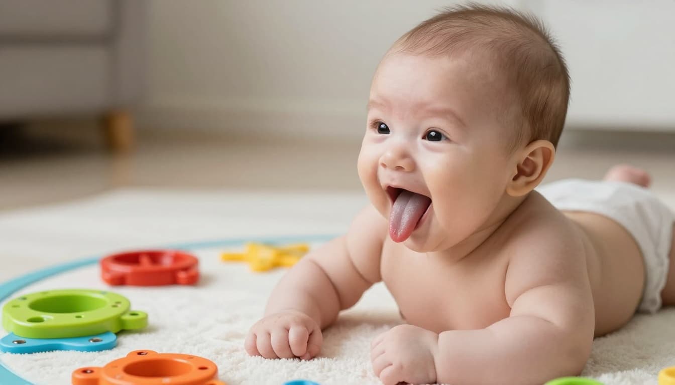 Close-up of 4-month-old baby on colorful play mat with open mouth, tongue visible, and happy expression.