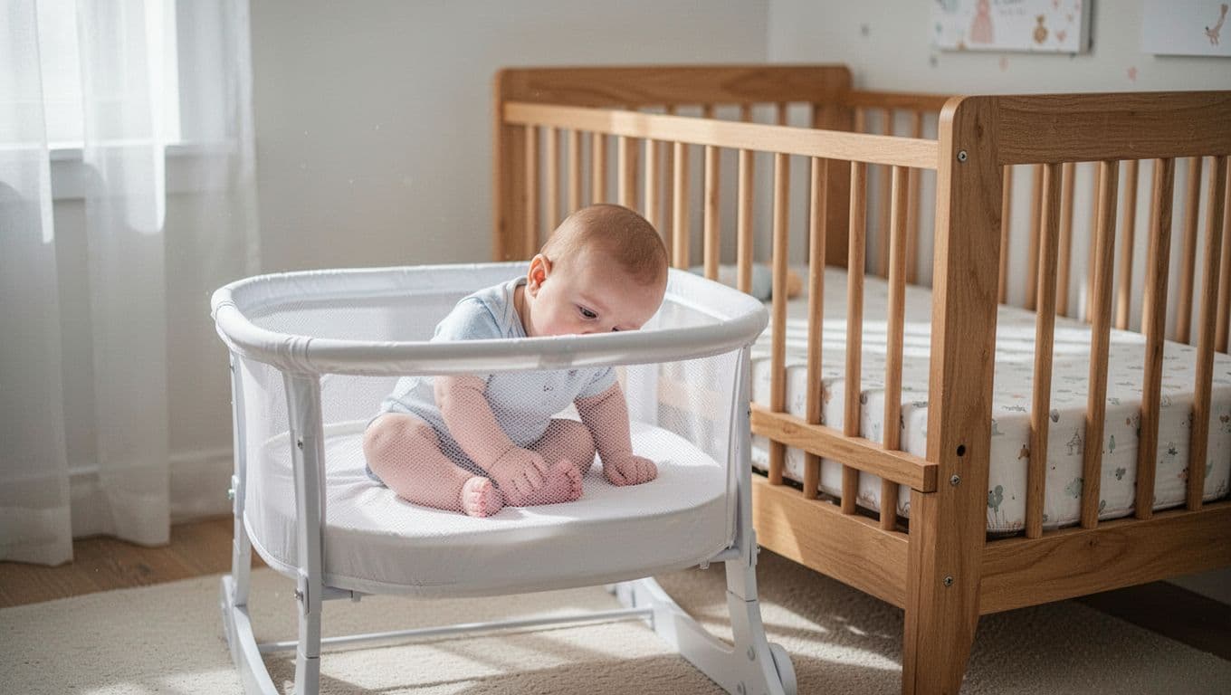 5-month-old baby sits cramped in small white bassinet, head near mesh side, legs tucked, wooden crib nearby in bright nursery.
