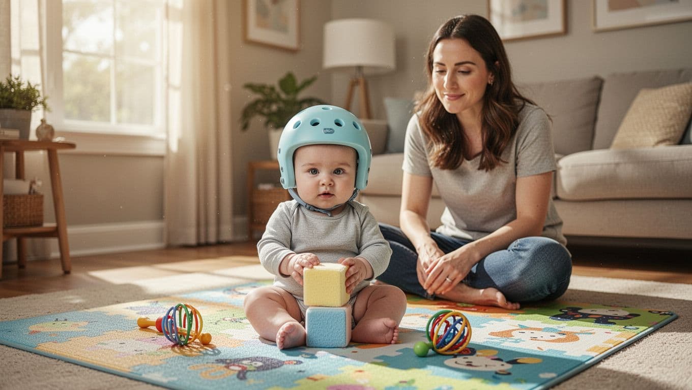 6-month-old baby in light blue cranial helmet plays with blocks and rattle on colorful play mat, smiling mother watches nearby.