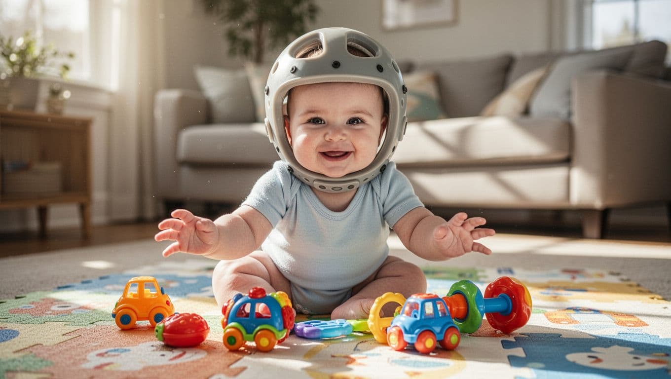 Smiling 6-month-old baby boy wears cranial remolding helmet while playing with colorful toys on play mat.