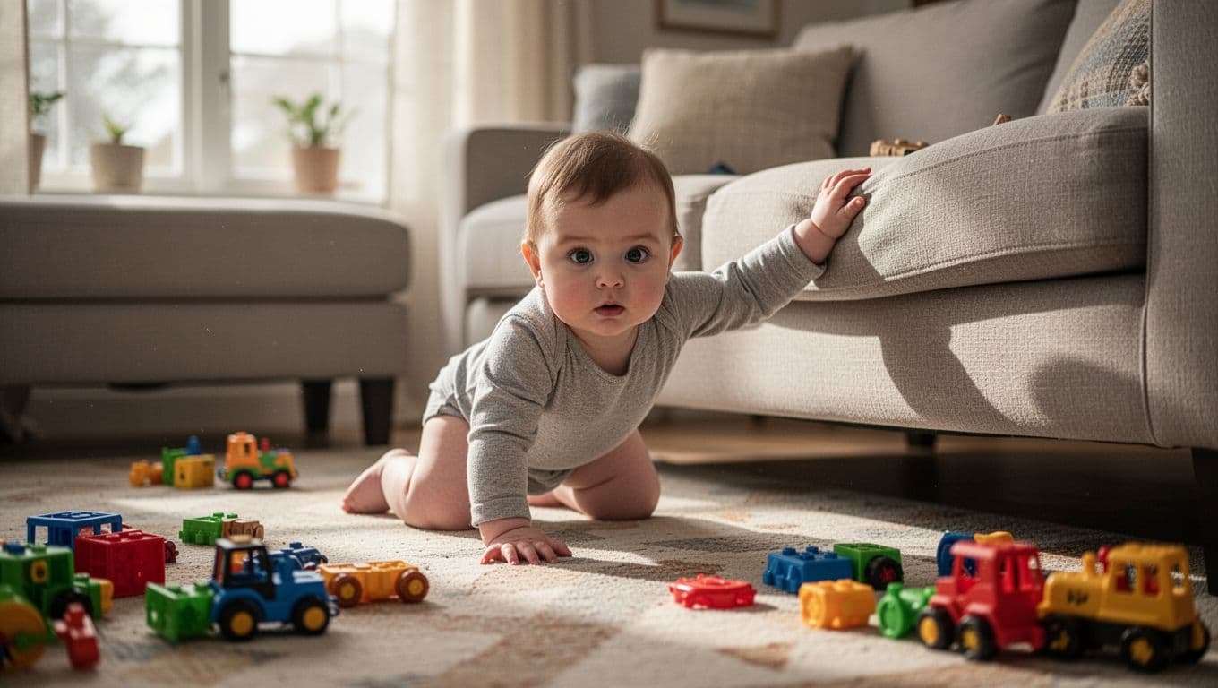9-12 month old baby crawls across living room floor toward scattered toys, pulling up to grip low sofa edge.