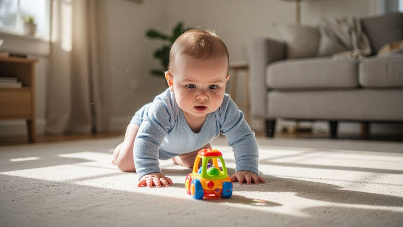 7-month-old baby crawls purposefully on living room floor toward colorful toy.