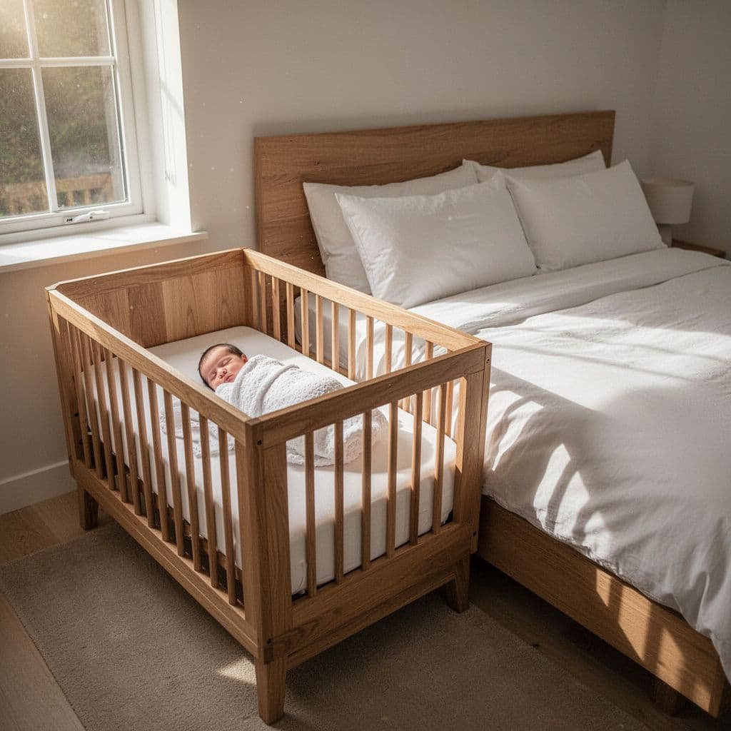 A baby sleeps peacefully in a modern wooden crib placed directly beside a large adult bed.