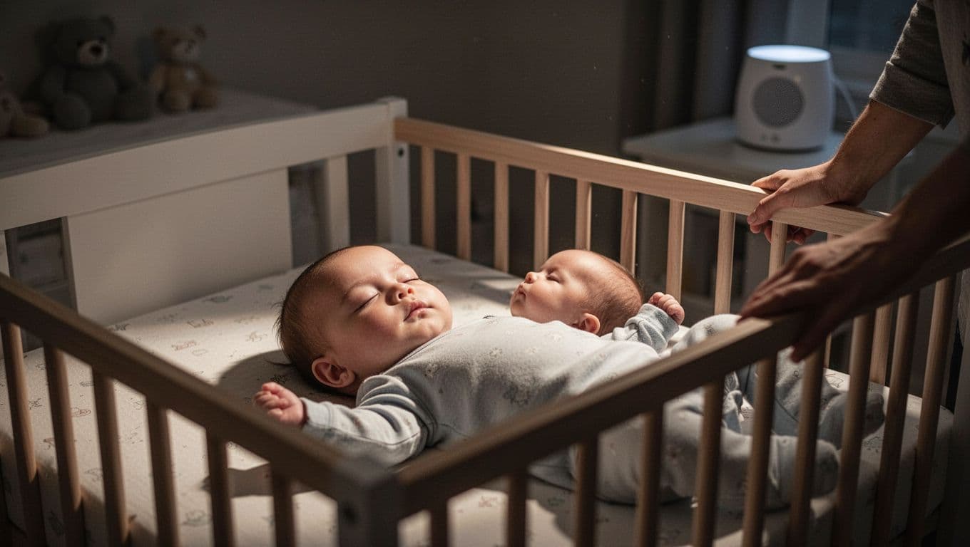 6-month-old baby lies on back in empty crib with eyes closed, parent hand on crib rail, dim nursery with white noise machine.