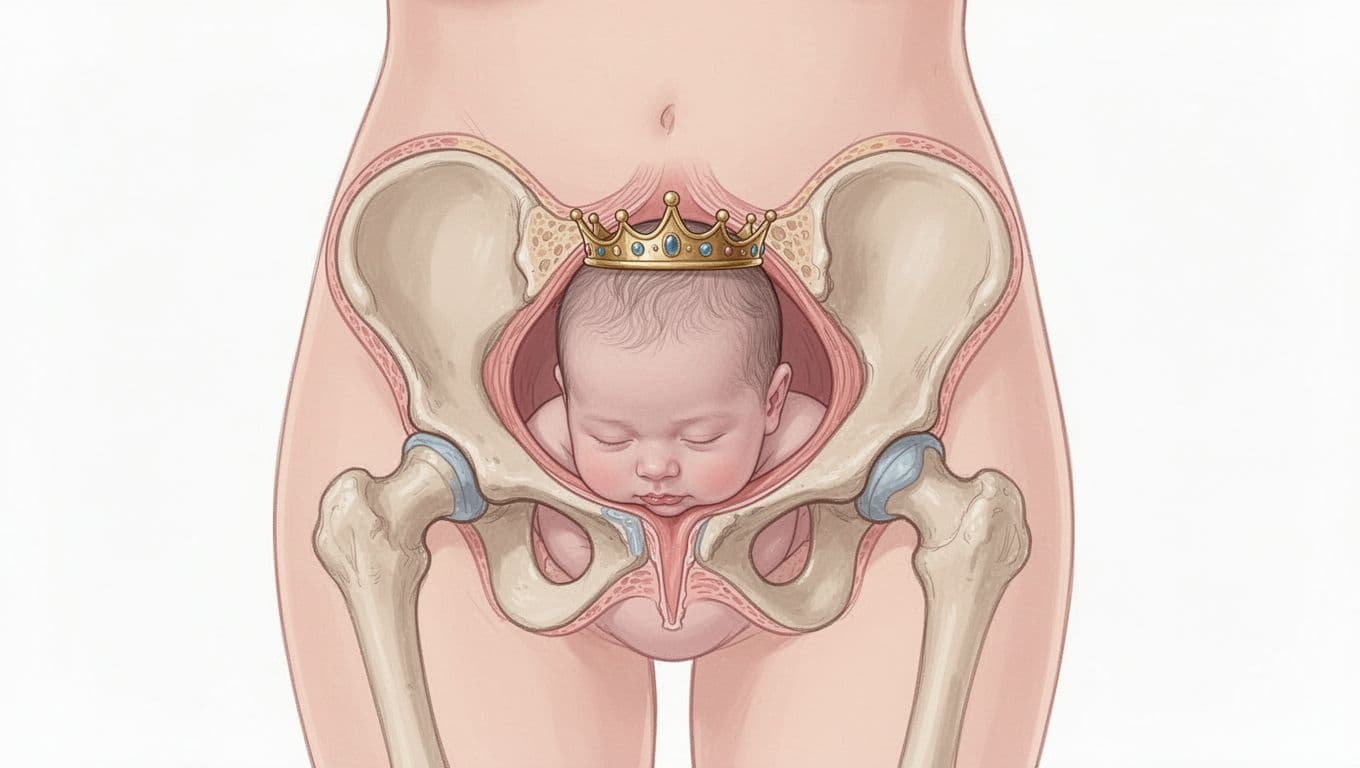 Side cross-section of female pelvis shows baby's head emerging at vaginal opening with visible scalp and stretched perineum.