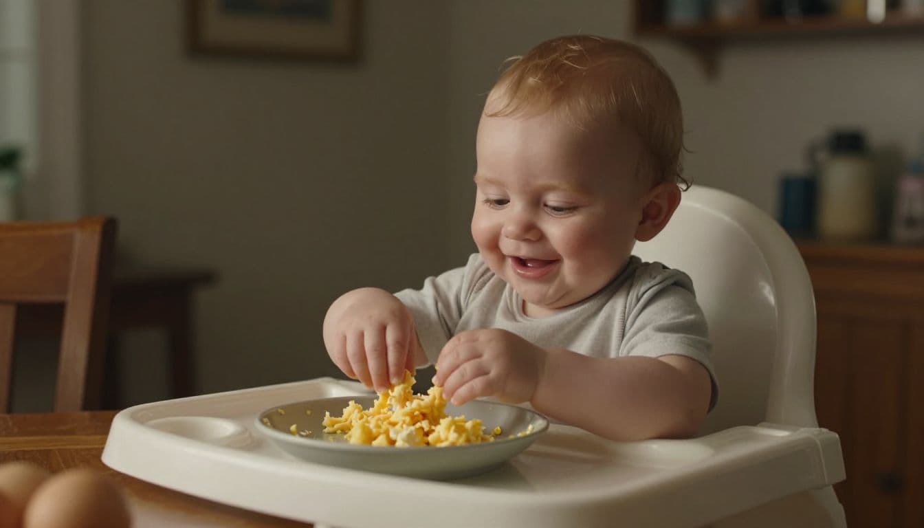 A seven-month-old infant sits securely in a wooden high chair, reaching a small hand toward a plate of scrambled eggs. Warm sunlight illuminates the textures of the table and meal.
