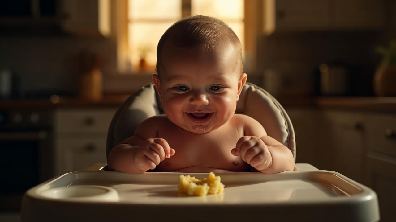 A cheerful six-month-old infant sits upright in a wooden high chair while observing a small piece of soft food placed on the tray. Warm kitchen lighting illuminates the cozy indoor scene.
