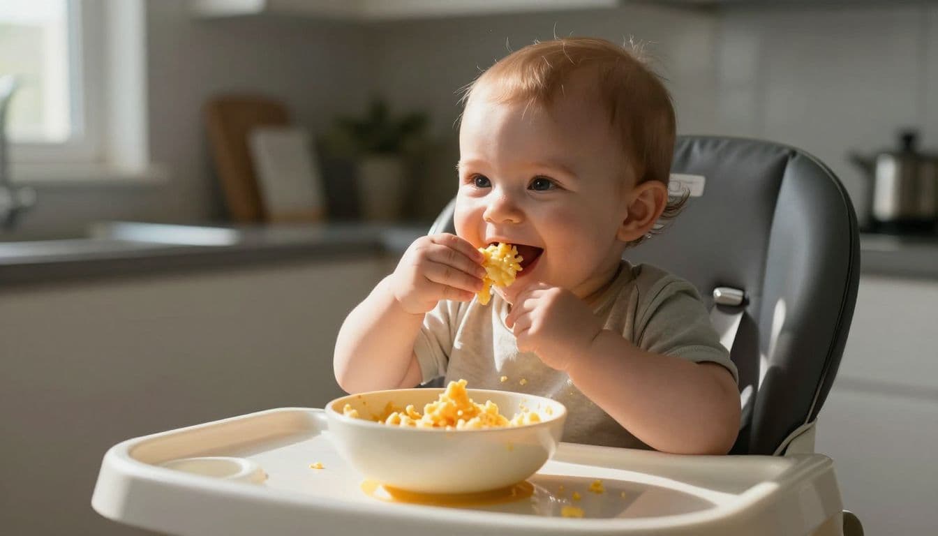 A cheerful baby sits in a modern high chair, grasping small pieces of soft scrambled eggs from a white bowl. Bright morning sunlight highlights the textured meal in a cozy kitchen setting.