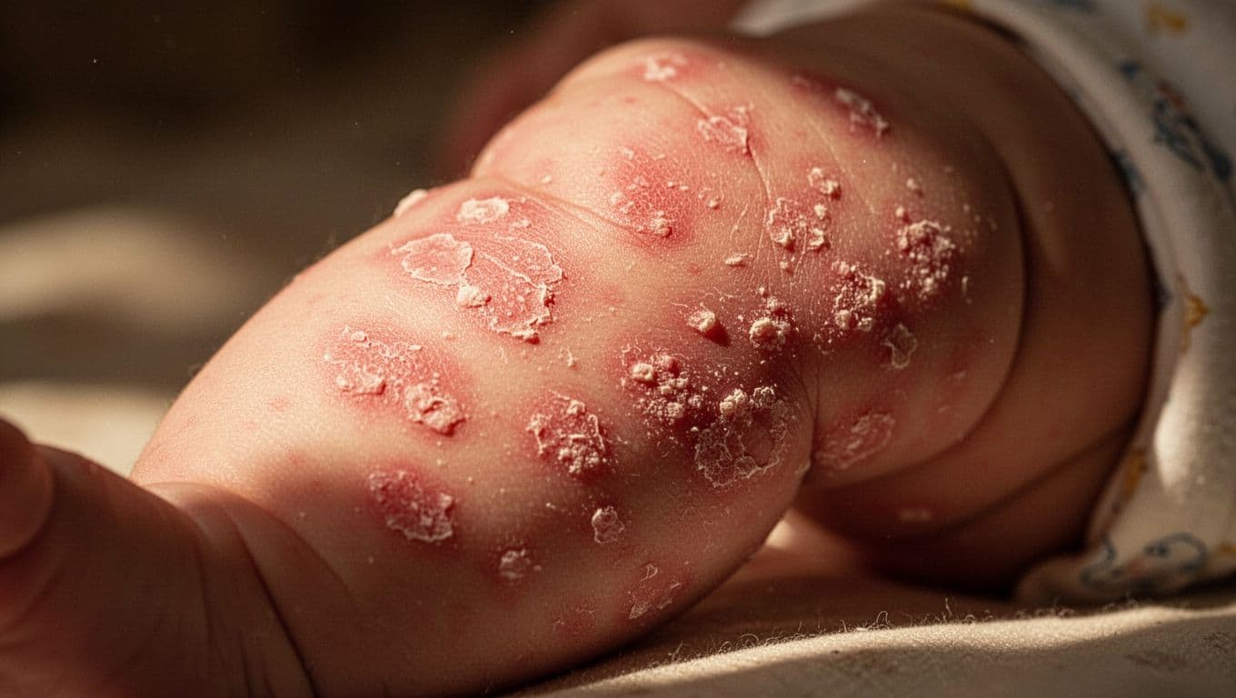 A close-up photograph focuses on a baby's leg revealing patches of red, dry, and inflamed skin. The textured surface of the epidermis appears rough, indicating significant discomfort and localized epidermal irritation.