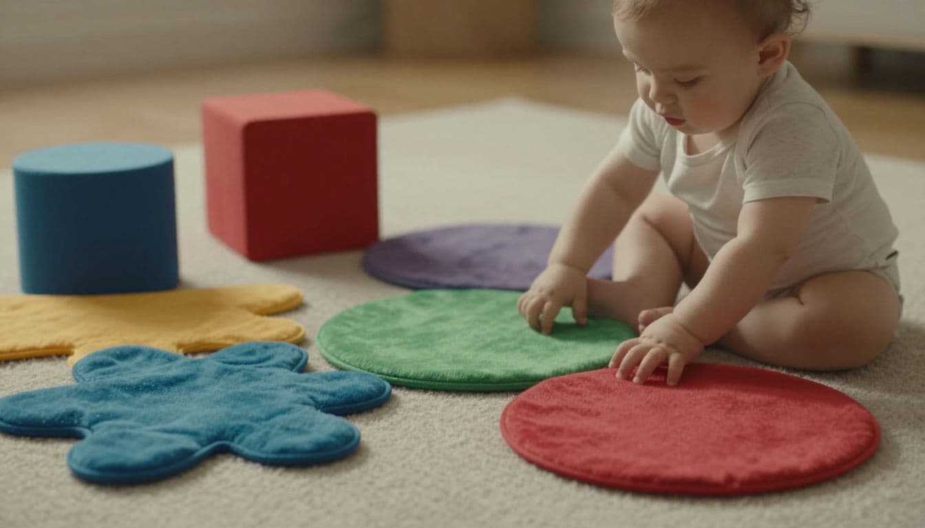 A toddler sits on a plush rug surrounded by oversized fabric shapes and colorful soft blocks. The bright, minimalist space emphasizes safe exploration and early creative sensory play for infants.