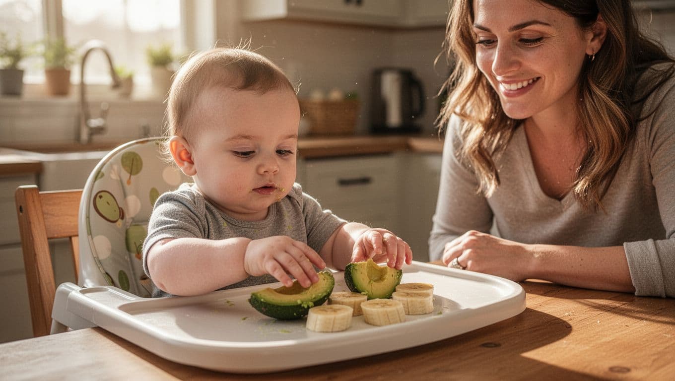 8-month-old baby in high chair reaches small hands toward soft avocado and banana pieces on tray, smiling curiously as mother watches nearby.