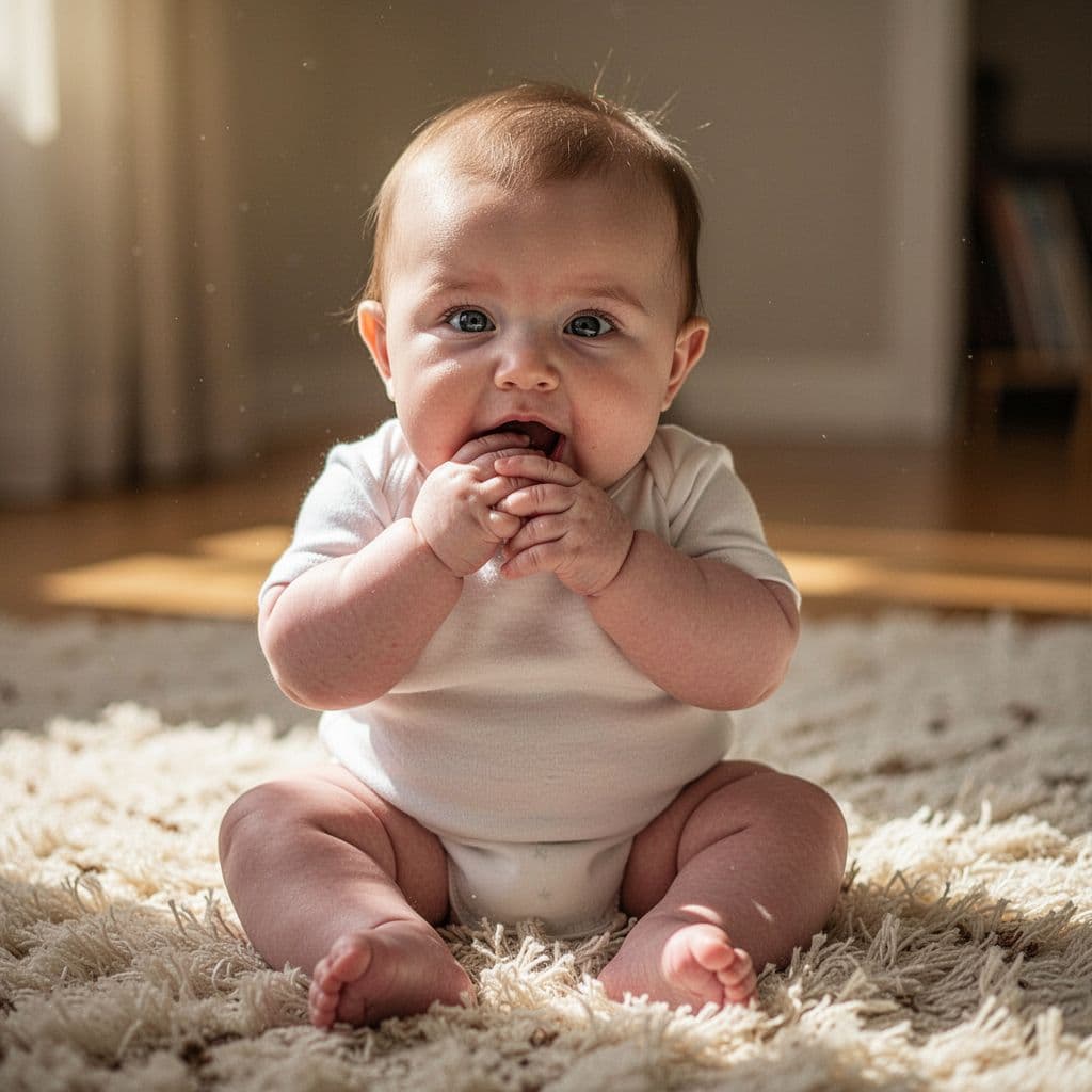 A baby sits on a soft rug with a hand near their mouth under warm sunlight.