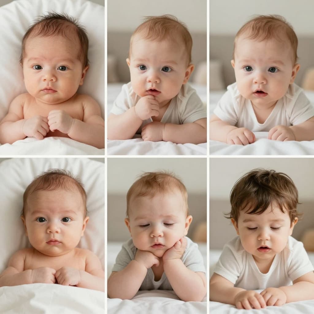 A three-panel collage displaying a newborn, a six-month-old, and a toddler in a cozy room.