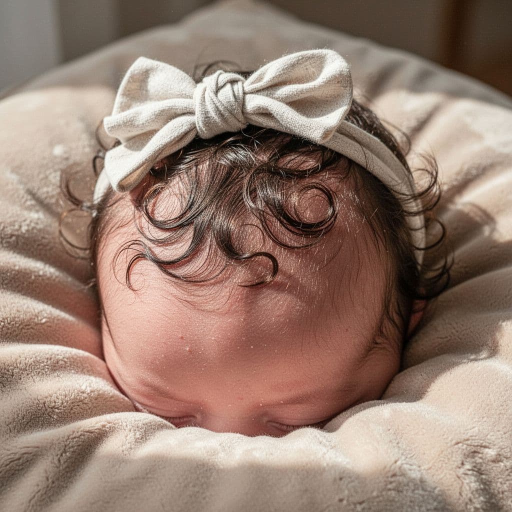 Close-up of baby fine hair with loose soft bow, gentle curls, healthy scalp on soft pillow.