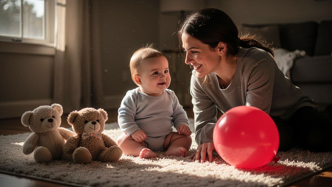 A baby sits on a rug with a parent after the party, surrounded by a few soft toys and one balloon. Warm light fills the room as the celebration winds down.
