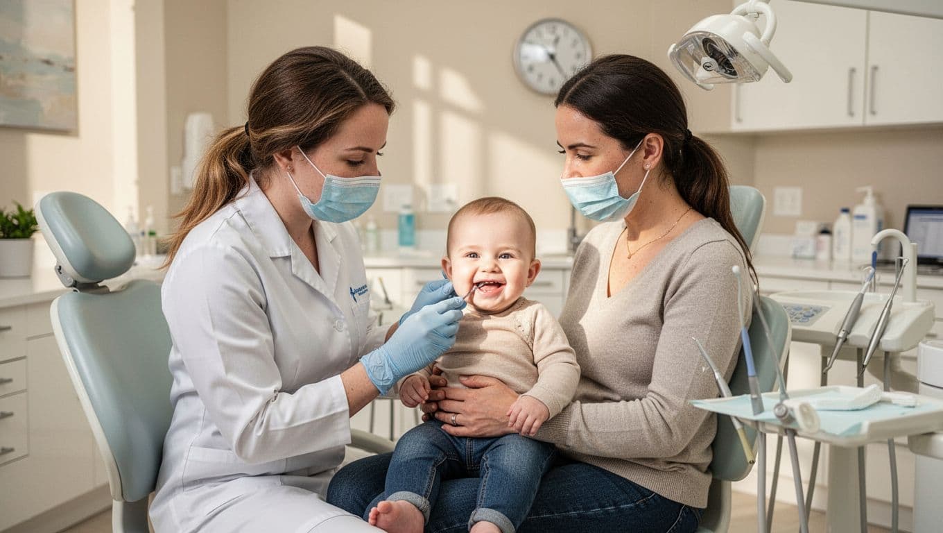 A dentist gently examines a baby sitting on a parent's lap in a clean, brightly lit office.