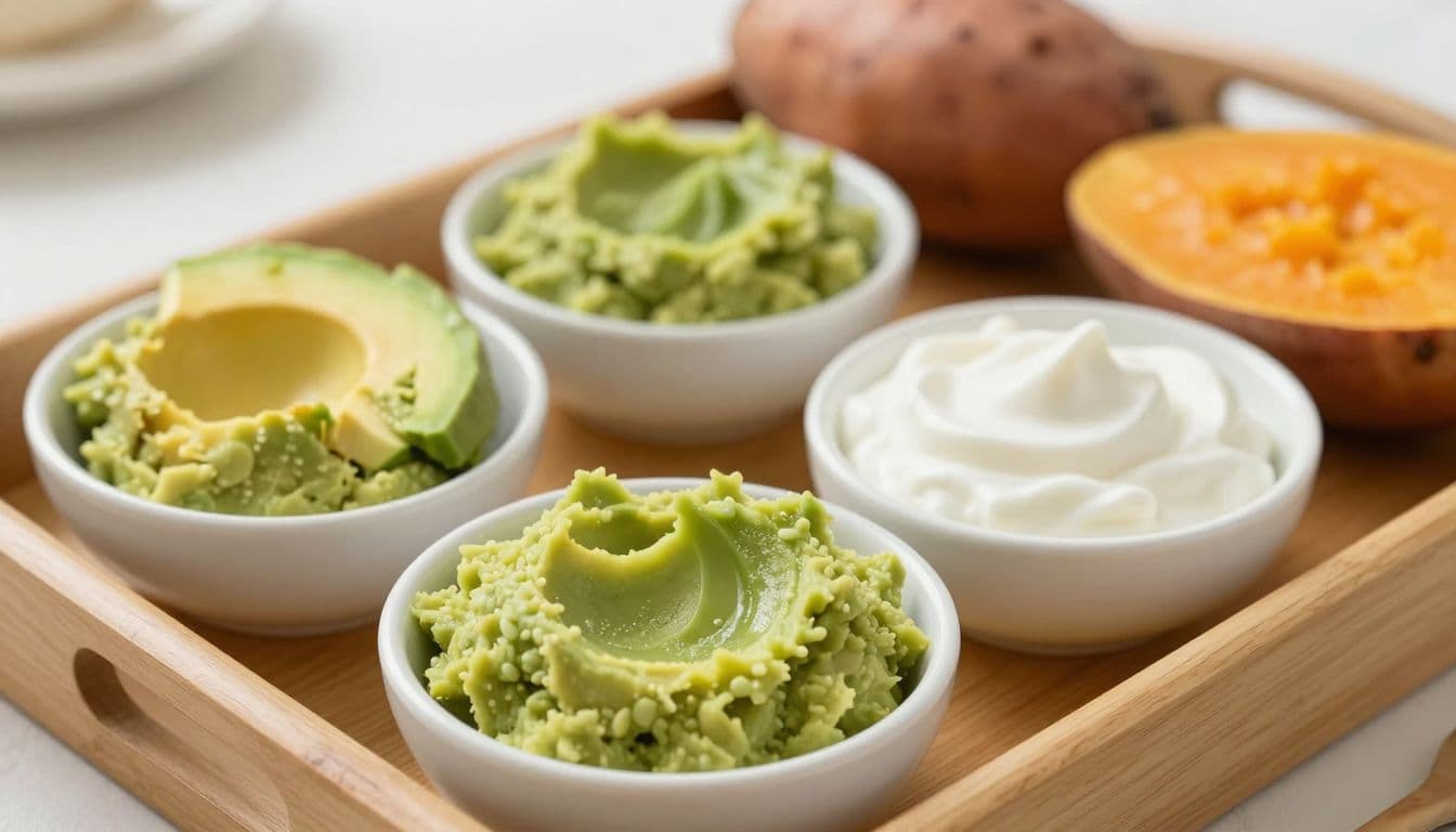 A rustic wooden tray features three ceramic bowls containing vibrant mashed avocado, creamy white Greek yogurt, and smooth pureed sweet potato. These soft textures are arranged neatly for a healthy meal.