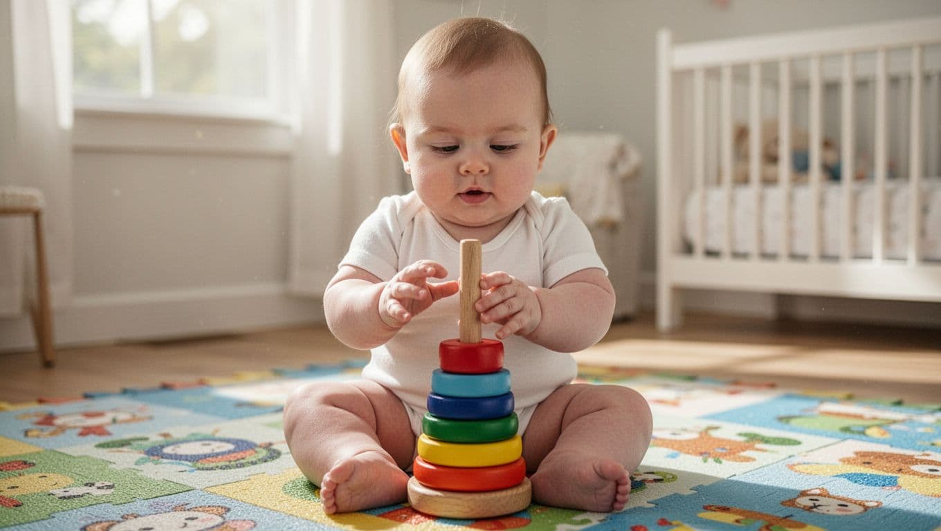 A 6-month-old baby sits upright on a colorful play mat, holding and examining a wooden stacking toy with both hands.