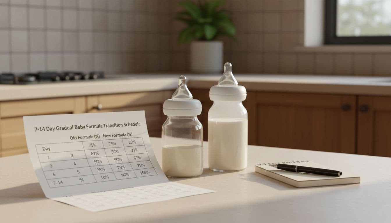 Cozy kitchen counter featuring a 7-14 day gradual baby formula transition schedule chart with mixing ratios, two prepared bottles (one half-mixed, one full new formula), and a notebook with pen, in photorealistic style with warm tones and soft natural light.
