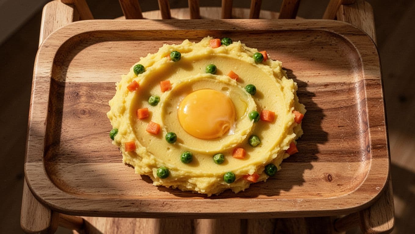 A wooden high chair tray features mashed egg yolk paired with finely diced cooked vegetables. Warm overhead lighting highlights the soft textures of this nutritious meal designed for safe infant feeding.